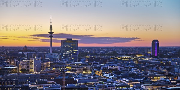 City view from above with the Heinrich Hertz Tower at atmospheric sunset, Hamburg, Germany, Europe