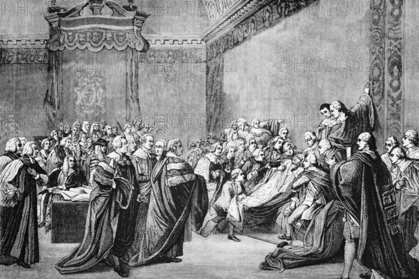 The collapse of the House of Lords under William Pitt the Elder, a British Whig statesman and Prime Minister who led Britain during the Seven Years' War. He died on 11 May 1778, England, digital reproduction of a historical original