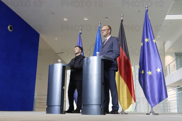 Berlin, Germany - 28.5.2025: Volodymyr Zelensky (President of Ukraine, l.) and Friedrich Merz (Chancellor of the Federal Republic of Germany, r.) answer questions from journalists during a question and answer session at a press conference in the Chancellery