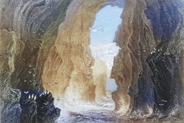 Dunkerry Cave, County Antrim, Ireland, from the Landscape and Antiquities of Ireland, 1841, digital reproduction of a historical model, Europe