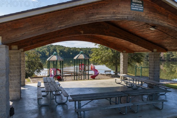 Pavilion, playground and swimming area in the Pin Oak Campground at Natchez Trace State Park near Wildersville, Tennessee