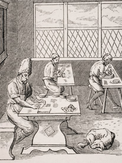 Needle and pin maker. Reproduction of a woodcut from the 16th century by Jost Amman from the 19th century, digital reproduction of a historical model