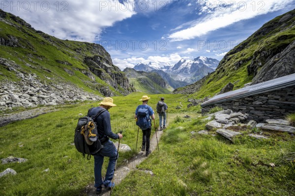 Mountaineer on hiking trail in mountain landscape, descent from Col du Louvie, view of glaciated mountain peaks of the Grand Combine, Valais Alps, Val de Bagnes, Valais, Switzerland, Europe
