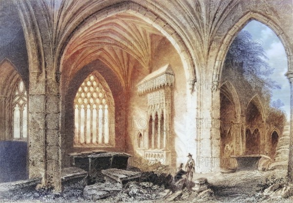 Interior of Holy Cross Abbey, County Tipperary, Ireland, from the Landscape and Antiquities of Ireland, 1841, digital reproduction of a historical model, Europe