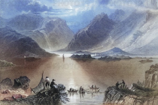 Head of the Killeries, Connemara, County Galway, Ireland, from the Landscape and Antiquities of Ireland, 1841, digital reproduction of a historical model, Europe