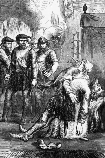 The death of Macian, the elder chieftain of the Macdonald clan, during the Glencoe Massacre in Lochaber, Highland, Scotland. It occurred on 13 February 1692 in the wake of the Glorious Revolution and the Jacobite Rising of 1689 led by John Graham of Claverhouse, England, digital reproduction of a historical original