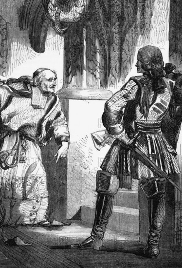 Giulio Alberoni, an Italian cardinal and statesman in the service of Philip V of Spain, with Colonel Stanhope in 1718. The colonel began negotiations for the return of Gibraltar to Spain in exchange for Cuba and Florida, which failed, digital reproduction of a historical model