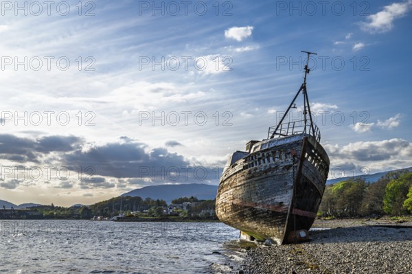 Corpach Wreck or Old Boat of Caol and Nevis Range Mountains, Caol Beach, Corpach, Fort William, Highland, Scotland, UK