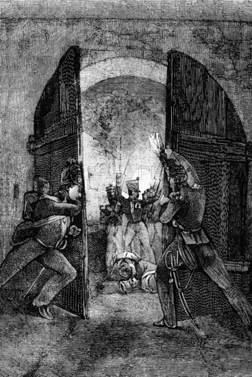 An attack on Chateau D'hougoumon, a large farmhouse at the foot of a steep slope near the Nivelles road in Braine-l'Alleud, near Waterloo, Belgium, in 1815, digital reproduction of a historical model, Europe