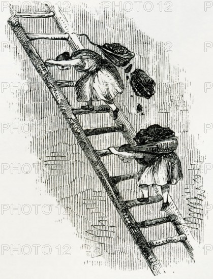 Women transporting coal to the surface in the mines of eastern Scotland in the 19th century. From the Cyclopaedia of Useful Arts and Manufactures by Charles Tomlinson, digital reproduction of a historical model