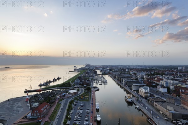 View from above of Seebäderkaje, Weser estuary, harbour basin, New Harbour and Havenwelten, dusk, Bremerhaven, Bremen, Germany, Europe