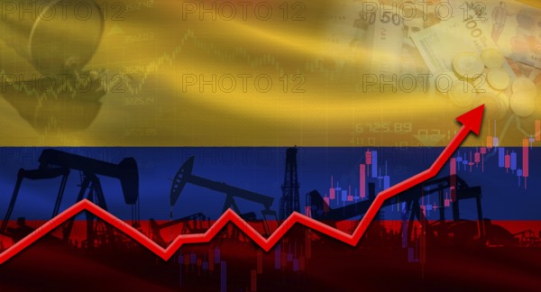 Oil pumps with Colombia flag. Oil production with Colombia flag, petrol industry