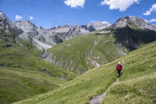 Mountaineer on hiking trail in Dabertal, Lasörling Höhenweg, Lasörling Group, Hohe Tauern National Park, East Tyrol, Tyrol, Austria, Europe