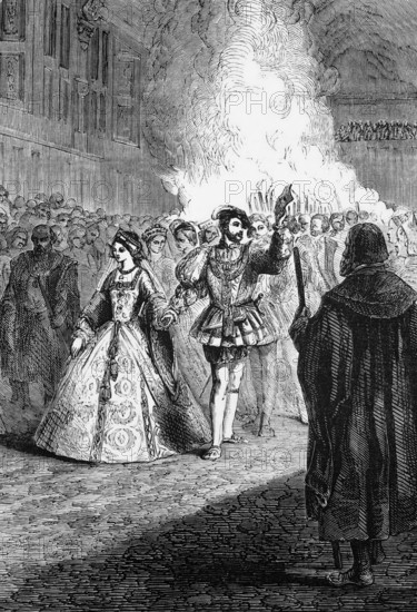 Henry VIII dancing with Anne Boleyn at a ball in the old Greenwich Palace in 1527, London, England, digital reproduction of a historical model