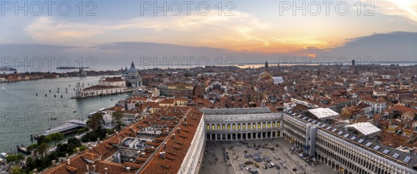 Panorama, St Mark's Square and Basilica di Santa Maria della Salute on the Grand Canal at sunset, view from the Campanile di San Marco bell tower, city view of Venice, Veneto, Italy, Europe