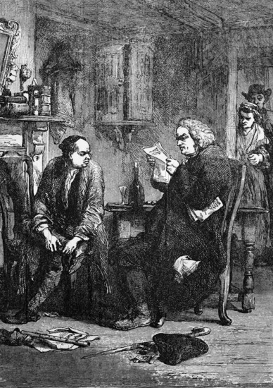 Dr Samuel Johnson reads the manuscript of Oliver Goldsmith's The Vicar of Wakefield, one of the most popular and widely read novels of 18th century England, digital reproduction of a historical original