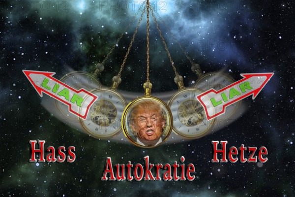 Symbolic image, Trump as a notorious liar in pendulum clock, wrong decisions, genius mania, government crisis, kleptocracy, price development, decision on Bitcoin questionable due to extreme energy demand, stock market prices, insecure digital currency, resources, energy, industry, economy critical, stock market hype, stock market crash, payment, insolvency, maximum profit, profit slump, share prices, Germany as a business location, global economy, globalisation, environmental protection, mafia, Trump government, Bitcoin rally, cryptocurrency, crypto reserve, stock market trading, gold substitute currency