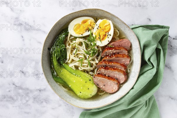 Ramen soup with duck and noodles, with eggs and bok choy, homemade, no people