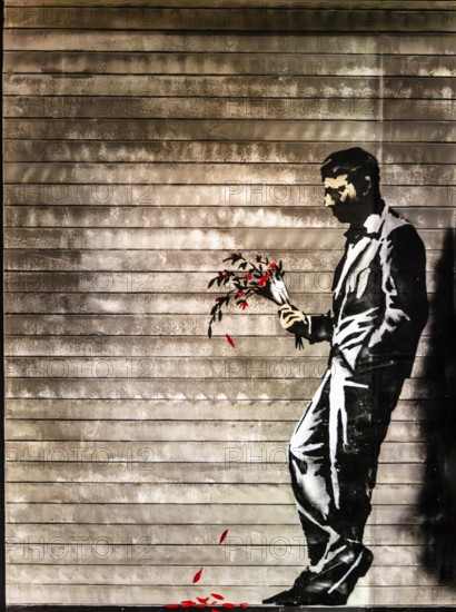 Banksy - Waiting in Vain, Romance at the entrance of a strip club, 2013, Hell's Kitchen, New York City, USA, exhibition The World of Banksy, North America