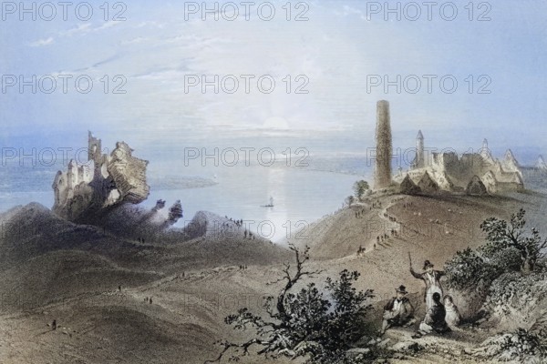 Seven churches of Clonmacnoise, Ireland, from the Landscape and Antiquities of Ireland, 1841, digital reproduction of a historical model, Europe