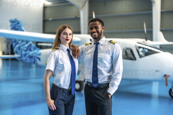Two smiling airline pilots posing confidently in front of a private jet inside a spacious hangar, showcasing their professional camaraderie