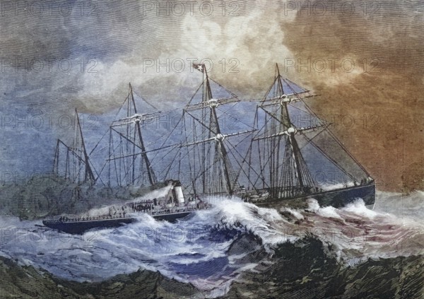 The 3867-ton steamship Celtic crossing the Atlantic in the winter of the 1870s, America, digital reproduction from American Pictures, drawn in pen and pencil, coloured, by Samuel Manning, published circa 1880, Historical