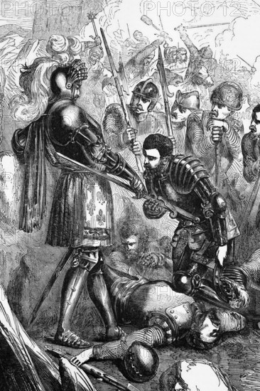 At the Battle of Pavia, fought in Italy on the morning of 24 February 1525, Francis I of France was captured by Spanish troops, imprisoned by Charles V and forced to sign the humiliating Treaty of Madrid, digital reproduction of a historical original