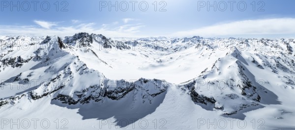 Alpine panorama, aerial view in winter at Piz Grialetsch, Albula Alps, Rhaetian Alps, Grisons, Eastern Switzerland, Switzerland, Europe