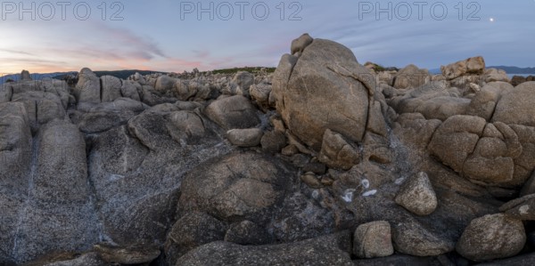 Sunset, rocky coast near Porto Pollo, Corsica, France, Europe