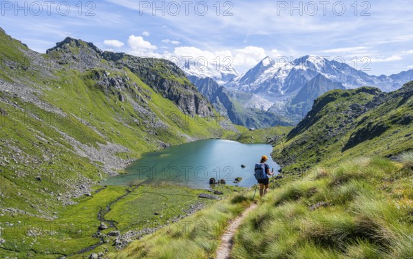 Mountaineer on hiking trail in picturesque mountain landscape, view of mountain lake Lac du Louvie and glaciated mountain peaks of the Grand Combine, Valais Alps, Val de Bagnes, Valais, Switzerland, Europe