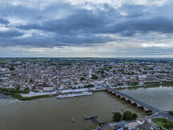Twilight over Libourne from a drone, Gironde, Nouvelle-Aquitaine, Saint-Émilion and Pomerol, Southwestern France