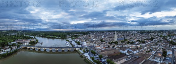 Twilight over Libourne from a drone, Gironde, Nouvelle-Aquitaine, Saint-Émilion and Pomerol, Southwestern France