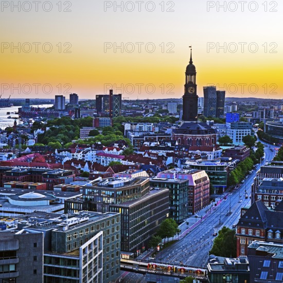 City view from above with the harbour and the main church St. Michaelis at atmospheric sunset, Hamburg, Germany, Europe