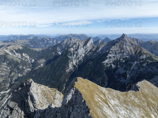 Aerial view, Alpine panorama of the Gamsjoch group, Eng valley, Karvendel, Tyrol, Austria, Europe