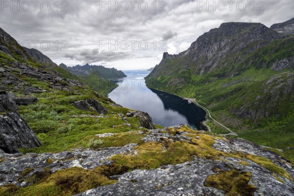 View of Øyfjorden fjord and mountains, fjord landscape with mountain peaks, hike to Barden mountain, Senja, Norway, Europe
