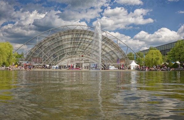New Leipzig Trade Fair Centre, Leipzig Trade Fair, with glass entrance hall and water basin, trade fair complex, exhibition grounds, glass dome, event, trade, exhibition, Leipzig, Saxony, Germany, Europe