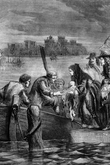 The flight of Queen Mary, the second woman of King James II of England, James II, (14 October 1633 to 16 September 1701) who, instead of fighting against the army of William III, tried to flee to France, England, digital reproduction of a historical model