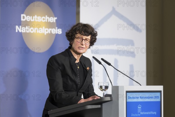 Özlem Türeci (founder of Biontech SE) gives an acceptance speech after receiving the German National Prize 2025 at the Französische Friedrichstadtkirche, Berlin, on 10 June 2025