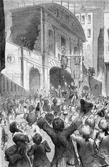 Frederick, Prince of Wales and eldest son of George II, drinking in Temple Bar, London, to the success of the War of the European Austrian Succession after the death of the Holy Roman Emperor Charles VI in 1740, England, digital reproduction of a historical original