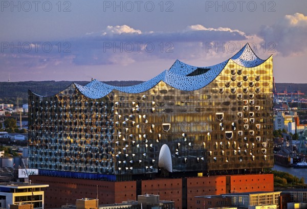 View of the Elbphilharmonie in the evening light from the St Nikolai memorial, Hamburg, Germany, Europe