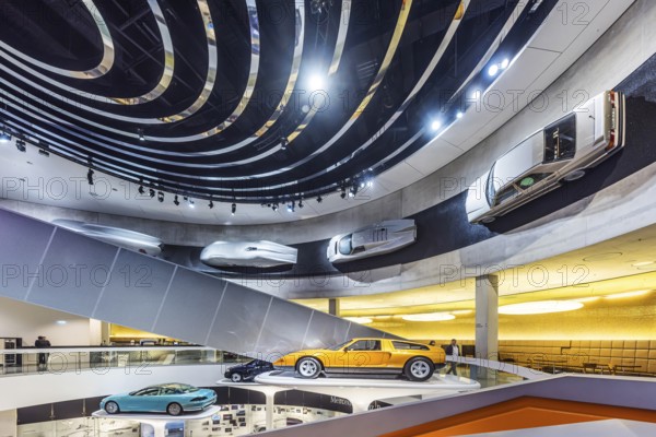 The Mercedes-Benz Museum in Stuttgart presents a journey through the automotive history of the global corporation. The history of the Mercedes star begins with the first automobile in 1886. 160 vehicles are on display. Stuttgart, Baden-Württemberg, Germany, Europe