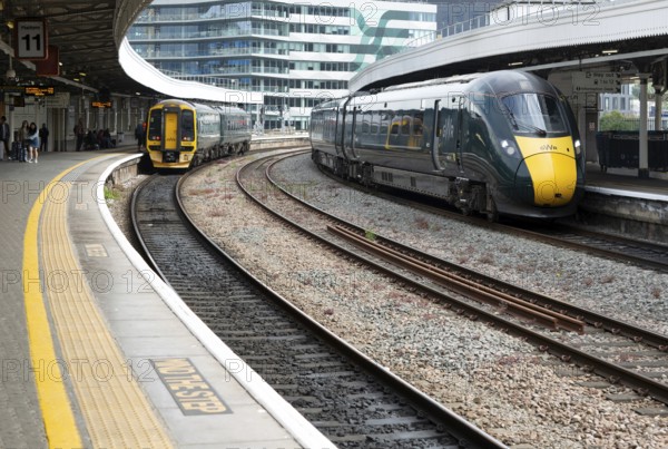 GWR British Rail Class 800 Inter City Express train and Class 158 Sprinter train, Temple Meads railway station, Bristol, England, UK