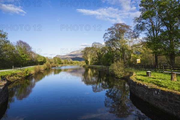 Caledonian Canal, Caol Beach and Nevis Range Mountains, Corpach, Fort William, Highland, Scotland, UK