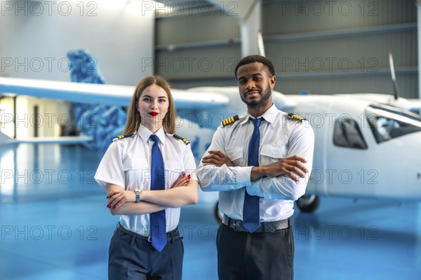 Two professional pilots standing confidently in a hangar with a small aircraft in the background, showcasing aviation expertise