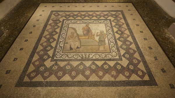 Ancient floor mosaic with complex geometric patterns and figurative depictions, Roman House of Asklepios in Serayia, scene: Asklepios lands on Kos, Archaeological Museum, Kos Town, Kos, Dodecanese, Greek Islands, Greece, Europe