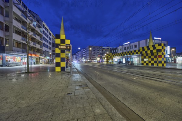 Steintor tram stop, designer Alessandro Mendini, general architecture, blue hour in the evening, deep blue evening sky, cumulus clouds, Kurt-Schumacher-Straße, Hanover, state capital, Hanover region, Lower Saxony, Germany, Europe