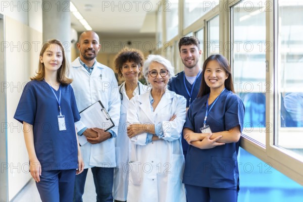 Doctors and nurses standing together in a hospital corridor, representing teamwork and professionalism in healthcare