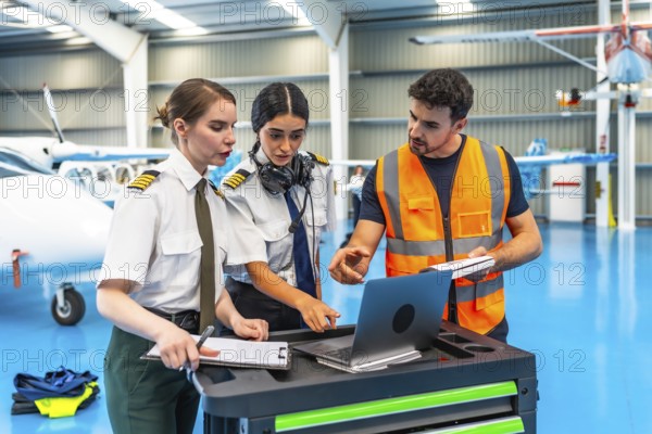 Aircraft maintenance engineer showing data on laptop to two female pilots in hangar, discussing maintenance procedures and flight safety