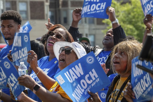 Detroit, Michigan USA - 7 June 2025 - Members of the United Auto Workers rally to support Rev. Solomon Kinloch, candidate for mayor of Detroit. Kinloch is a former UAW member and now pastor of the nondenominational Triumph Church, which has 40, 000 members in eight locations