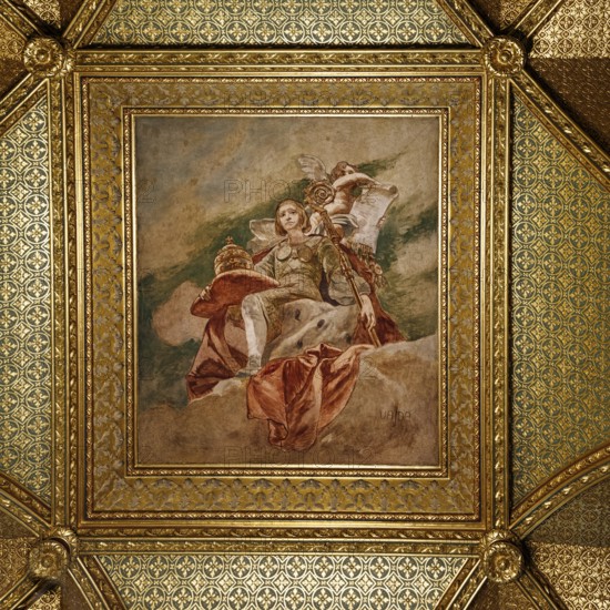Ceiling painting, decorated, parliament building, interior, Budapest, Hungary, Europe